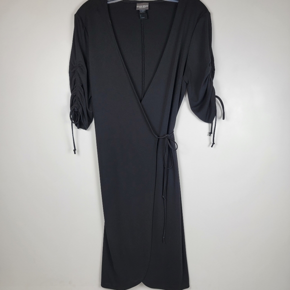 Bisou Bisou Black Shortsleeve Wrap Dress, Cinchable Sleeves with Ties, EUC, sz 6 - Picture 2 of 6